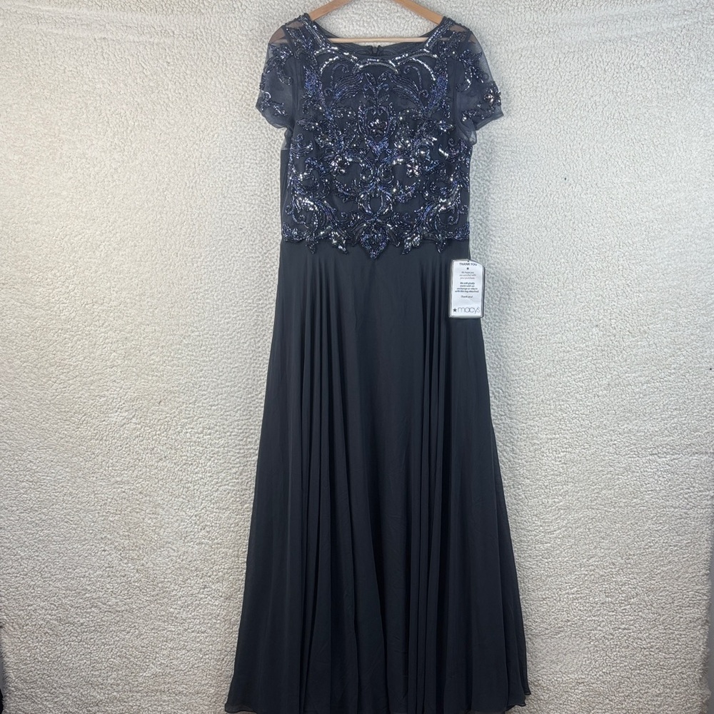 XSCAPE Womens Navy Beaded Embellished Mesh Cap Sleeve Chiffon Ball Gown Size 14